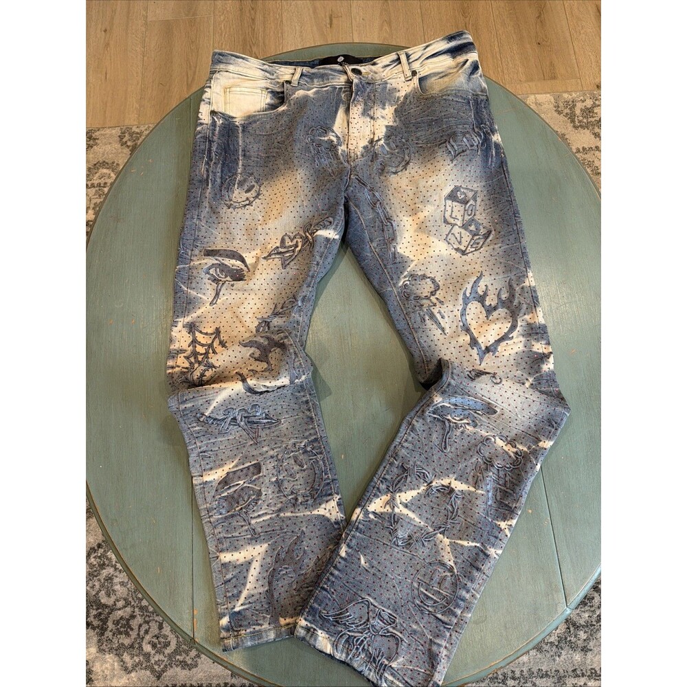 Y2K FOCUS Men’s W36 L36 Bleached Embellished Jeans Skull Flames Dice Streetwear